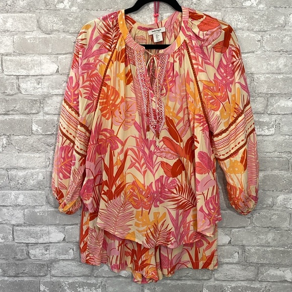 Haute Hippie Pink and Orange Tropical Bohemian Peasant Style Short Set - Picture 8 of 10